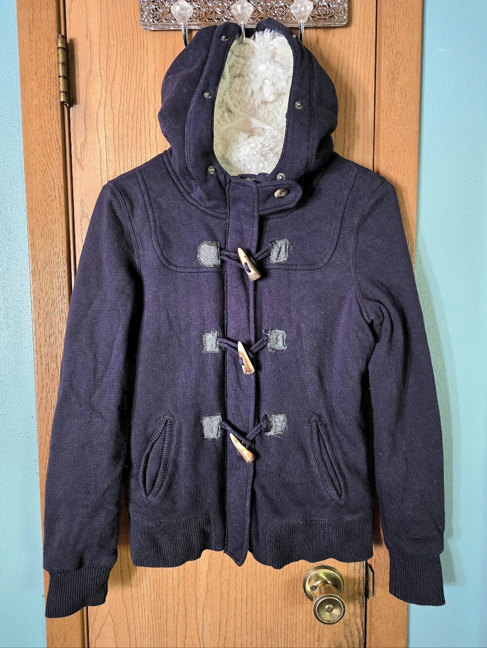M Dark Blue Faux Fur Thick Heavy Warm Zip Up Button Aeropostale Hoodie Jacket